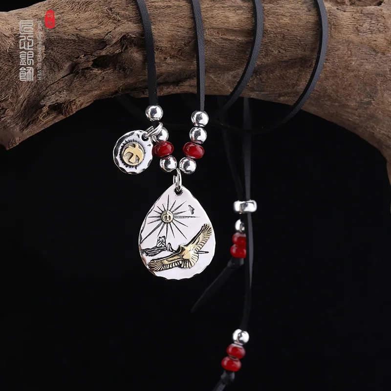 

S925 Silver Deer Leather Rope Necklace Men's Beaded Net Red Round Brand Eagle Pendant Personalized Vintage Sweater Chain