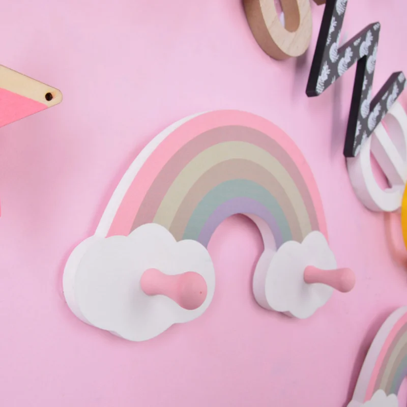 Cute Rainbow Kids Room Hook Wall Mounted Key Holder Wood Wall Hanger Girls Bedroom Decoration Hooks Clothes Sundries Organizer 2