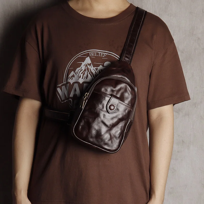 NZPJ Men's Retro Genuine Leather Crossbody Chest Bag Casual Outdoor Fashionable Sling Bag for Men