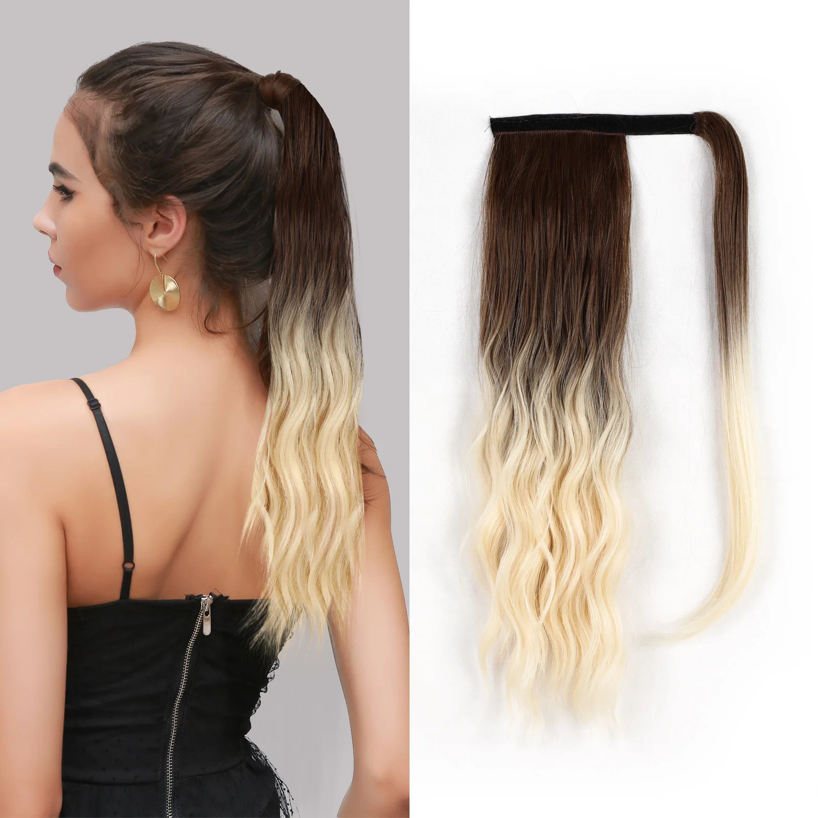 Brown Blonde Ponytail Synthetic Warp Around Clip in Ponytail Hair Extensions Long Wavy Natural Pony Heat Resistant Fake Hair