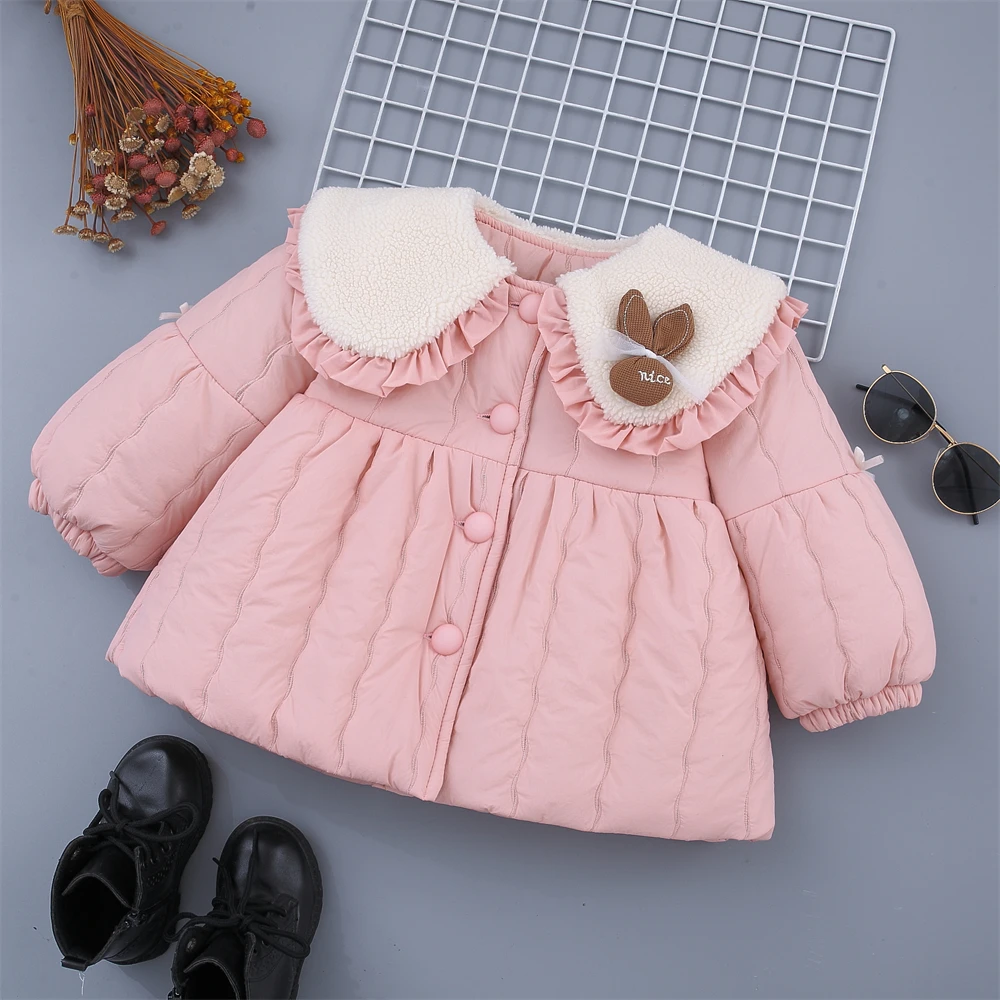 Cute Baby Girl Cotton Coat With Winter Lace Granular Velvet Big Collar Solid Color Single Breasted Cotton Jacket