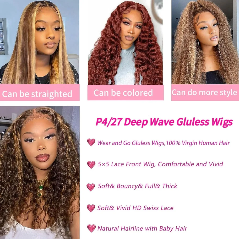 18Inch Honey Blonde 5x5 Deep Wave Lace Front Wigs Human Hair Pre Plucked 4/27 Highlight Glueless HD Transparent Lace Frontal Wig