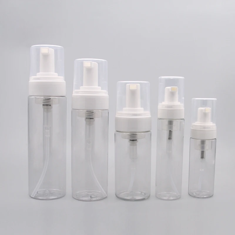 

50ml 80ml 100ml 150ml 200ml Cosmetic Facial Cleanser Wash Cream PET White Clear Liquid Soap Foam Bottle with White Foamer Pump