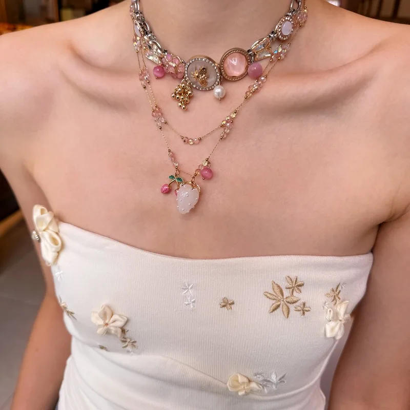 Y2K Sweet Mixed Media Choker Necklace Pink Pearl and Framed Portrait Charms Fruit Drop Coquette Statement Jewelry Gift 2