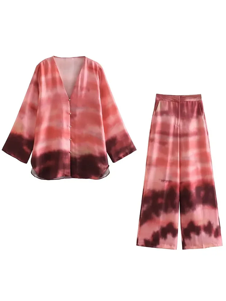 

TRAF 2023 Summer New Women's Printed Satin Button Long Sleeve Shirt and Tie Dye Casual Trousers