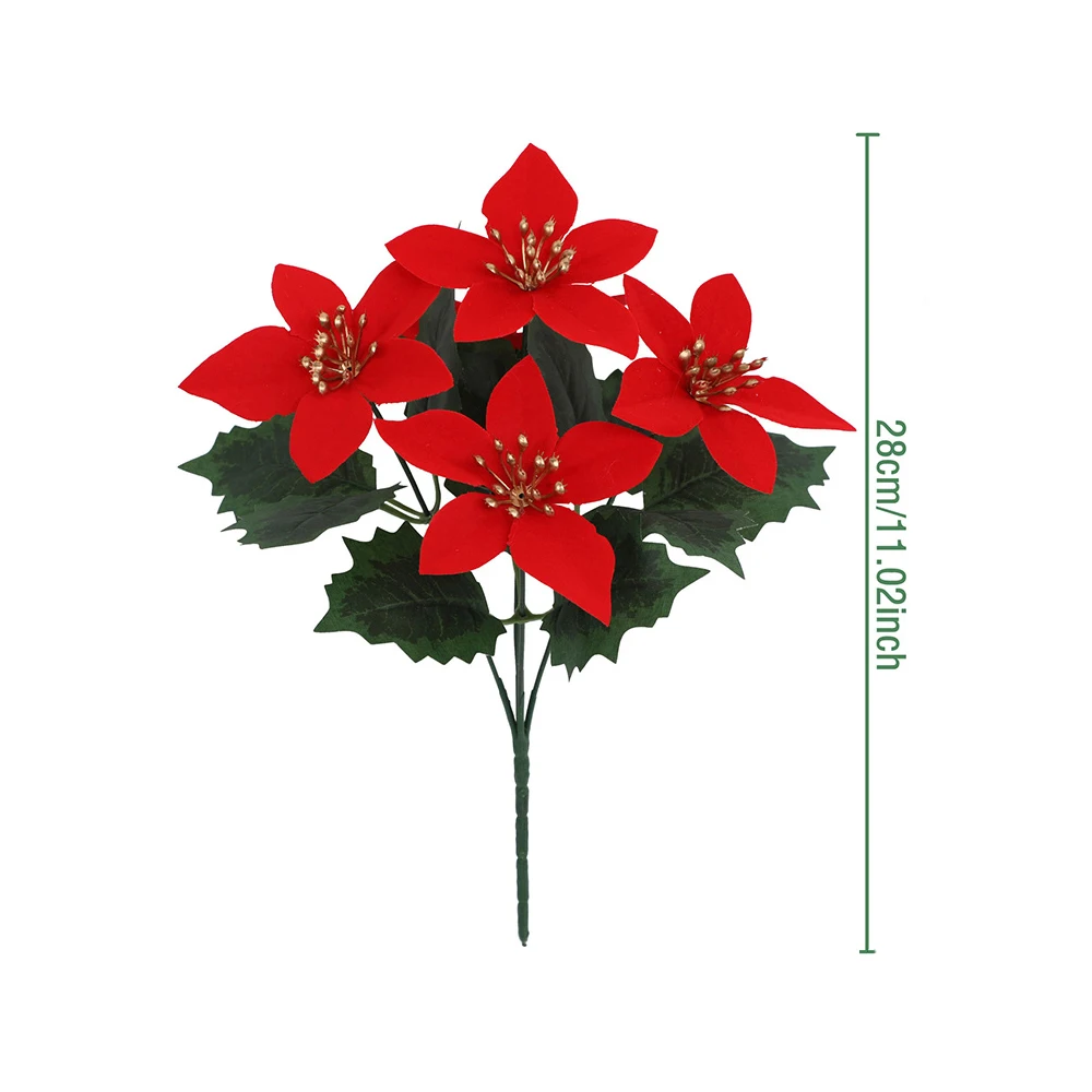 2 Stück künstlicher Weihnachtsstern-Blumenstrauß, 5 Köpfe, Weihnachtsstern-Busch, Weihnachtsblumen, Veranda, Hausgarten, drinnen und draußen, Weihnachtsdekorationen – Detail 2