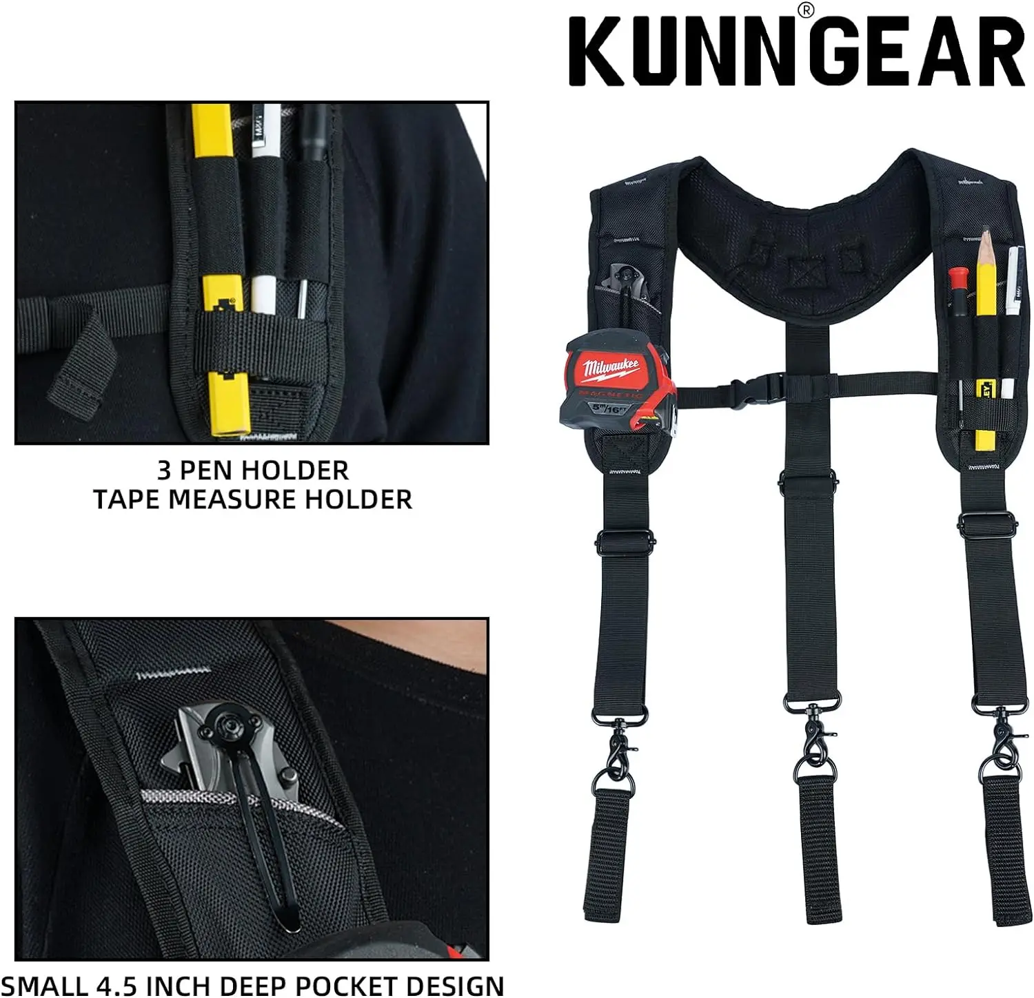 KUNN Tool Belt Suspenders,Heavy Duty 3-Points Padded