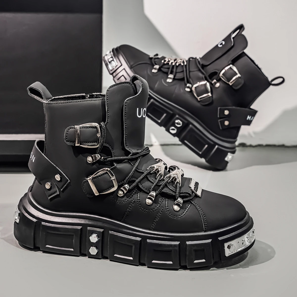 Autumn Men Casual Sneakers High Top Platform Skateboard Punk Metal Vulcanized Shoes Tennis Sports Shoes Lace Up Outdoor Boots 46 3