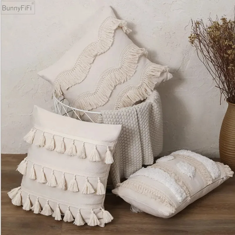 

Beige Linen Cotton Tassels Pillow Cover Round Decorative Cushion Cover Home Decor Throw PillowCase 45x45cm/30x50cm