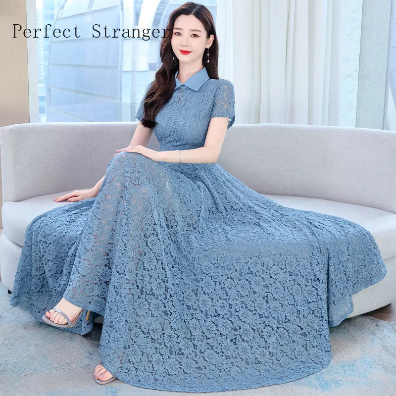 

2024 Vestidos Hollow Lace Elegant Casual Short Sleeve Chic Mesh 4XL Soft Party Female Thin Robe Women's Summer Midi Lady Dresses