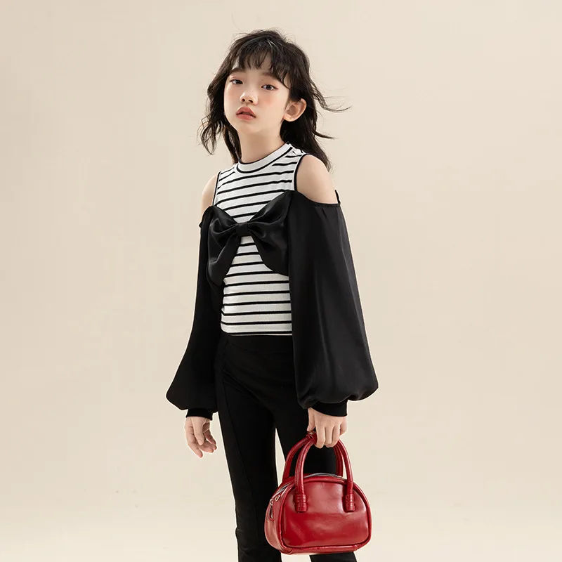 

Kids Girl Off-shoulder T-shirt Teenage Girl Fashion Tops Long Sleeve Striped Patchwork Bow Tee 2023 Spring