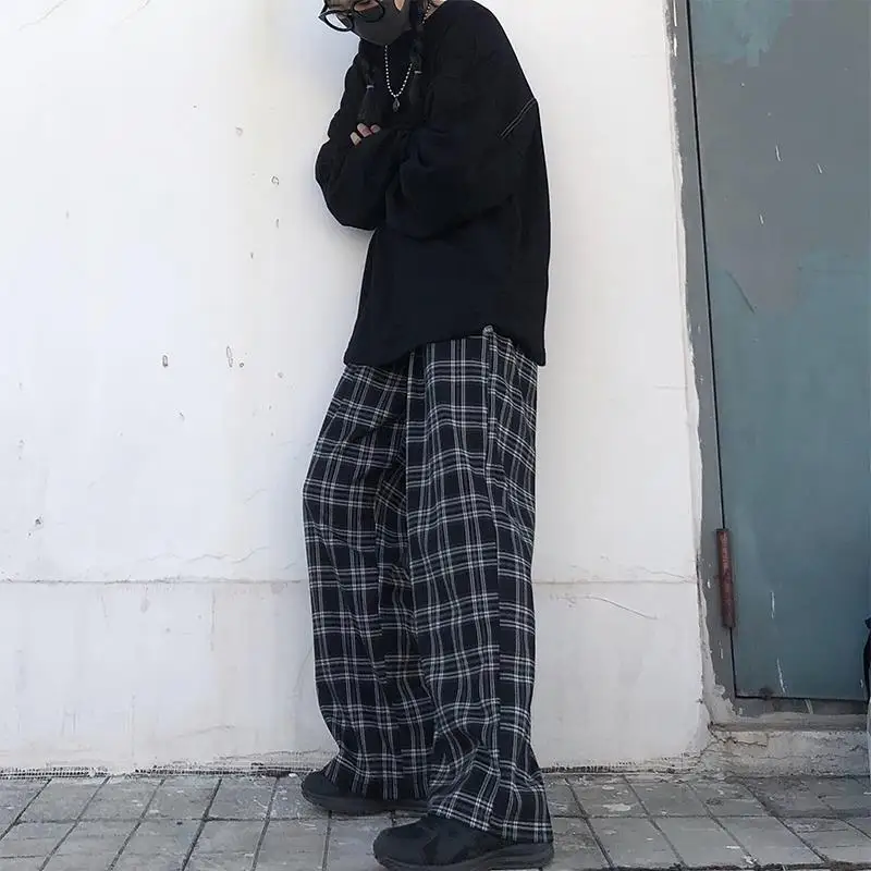 S-3XL Plaid Pants Women Casual Loose Wide Leg Trousers With Pocket Ins Retro Teens Straight Trousers Hip-hop Unisex Streetwear luckymarche standard pocket trousers for unisex qupnx23201khx