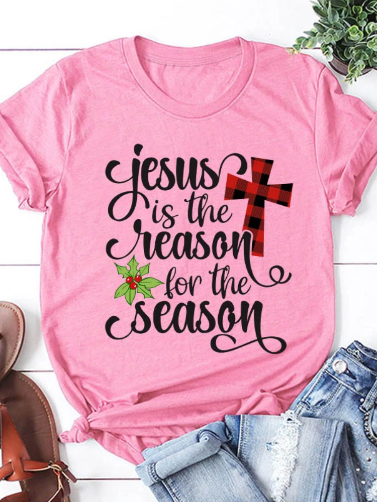 

Jesus Is Reason for The Season Print T Shirt Women Short Sleeve O Neck Loose Tshirt Women Causal Tee Shirt Tops Camisetas Mujer