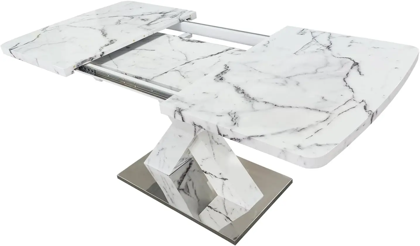 Modern Printed Marble Top Dining Table, Expandable Dining Table with Faux Marble Top and Crossed Pedestal Base for 4-6 (White)