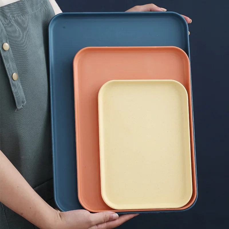 High Aesthetic Wheat Straw Plastic Tray Square Shape INS Style Home Use Fruit Tray Water Absorbent Main Course Dishwar