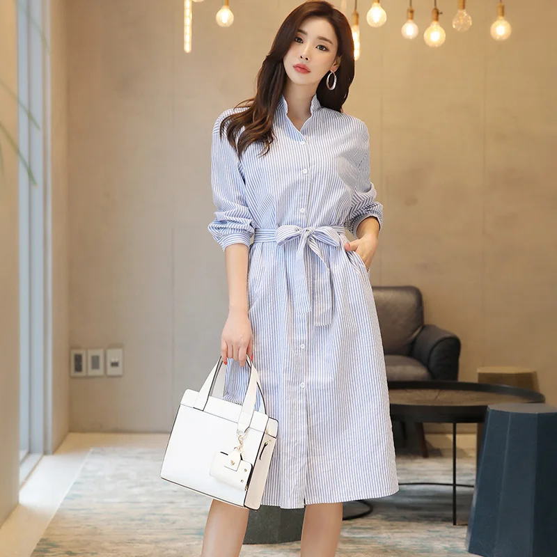 

Blue Women Striped Midi Shirt Dress Autumn Spring Long Sleeve Chic Work Office Dress Korean Elegant Casual Kimono Female New