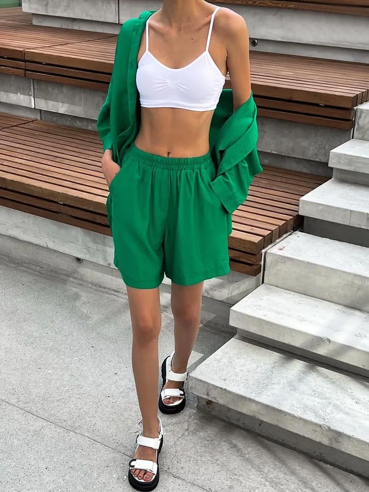 Sommer frauen Anzug Hemd und Kurze Sets Einfarbig Casual Baumwolle und Leinen Bluse und Shorts Zwei Stück Sets frauen Outfit 2023
