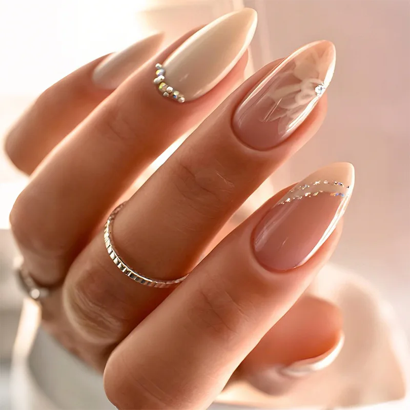 24pcs/1box False Nails with Marble Lines White Almond Shape Medium Length Skin-brightening Pressable Nails Suitable for Girls 1 24pcs/1box False Nails with Marble Lines White Almond Shape Medium Length Skin-brightening Pressable Nails Suitable for Girls