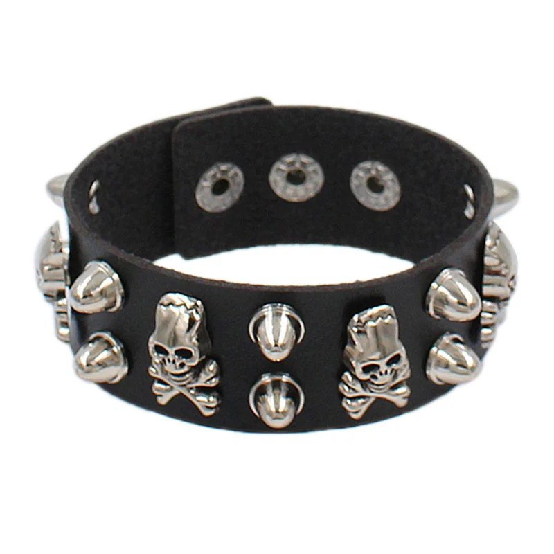 Cool Hiphop Skull Star Y2K Rock Bracelet Black PU Leather