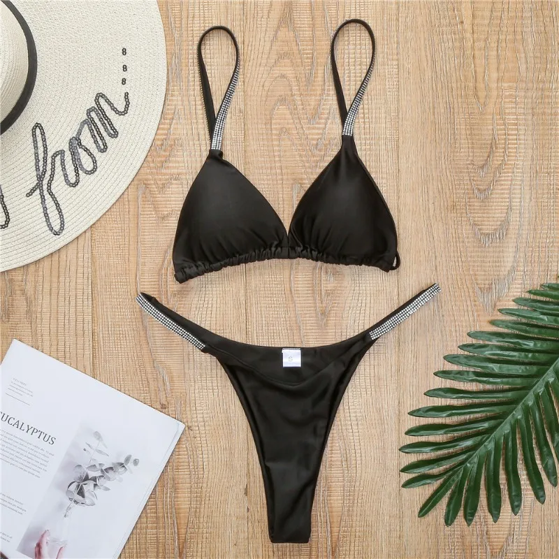 Sexy 2 Piece Bikini Set for Women String Tie Triangle Thong Sparkly Metallic Shiny Swimsuit