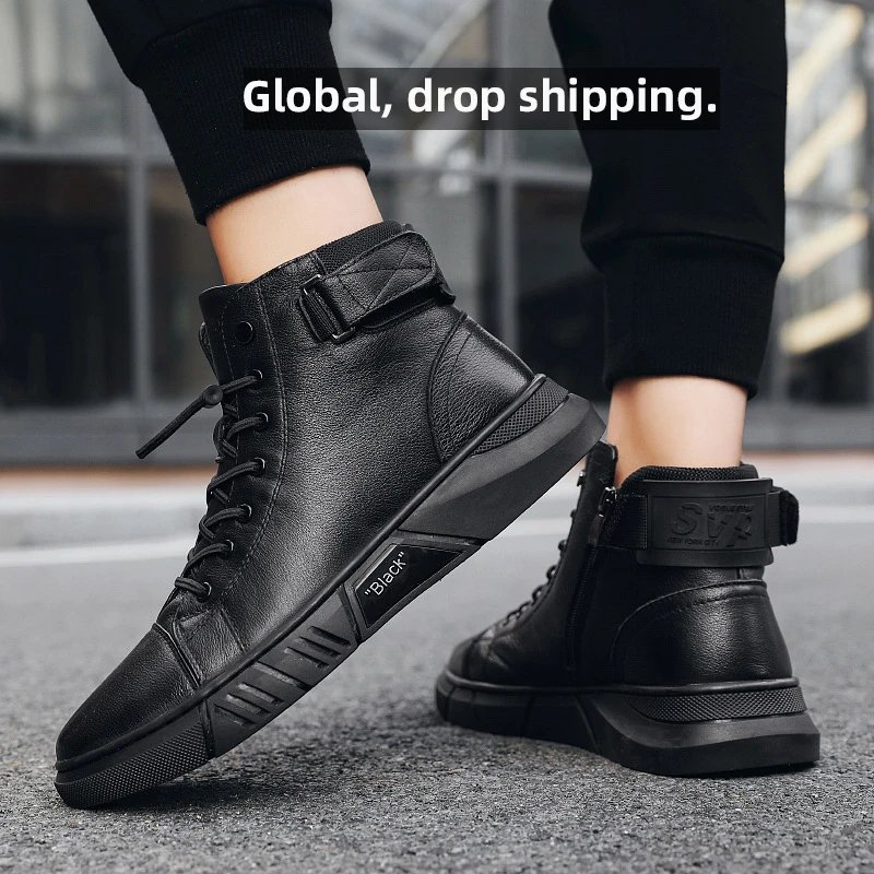 Botas de cuero Martin con cordones italianos de alta para hombre, botines Martin de tendencia de talla grande, de terciopelo cálido, de alta informales| | - AliExpress