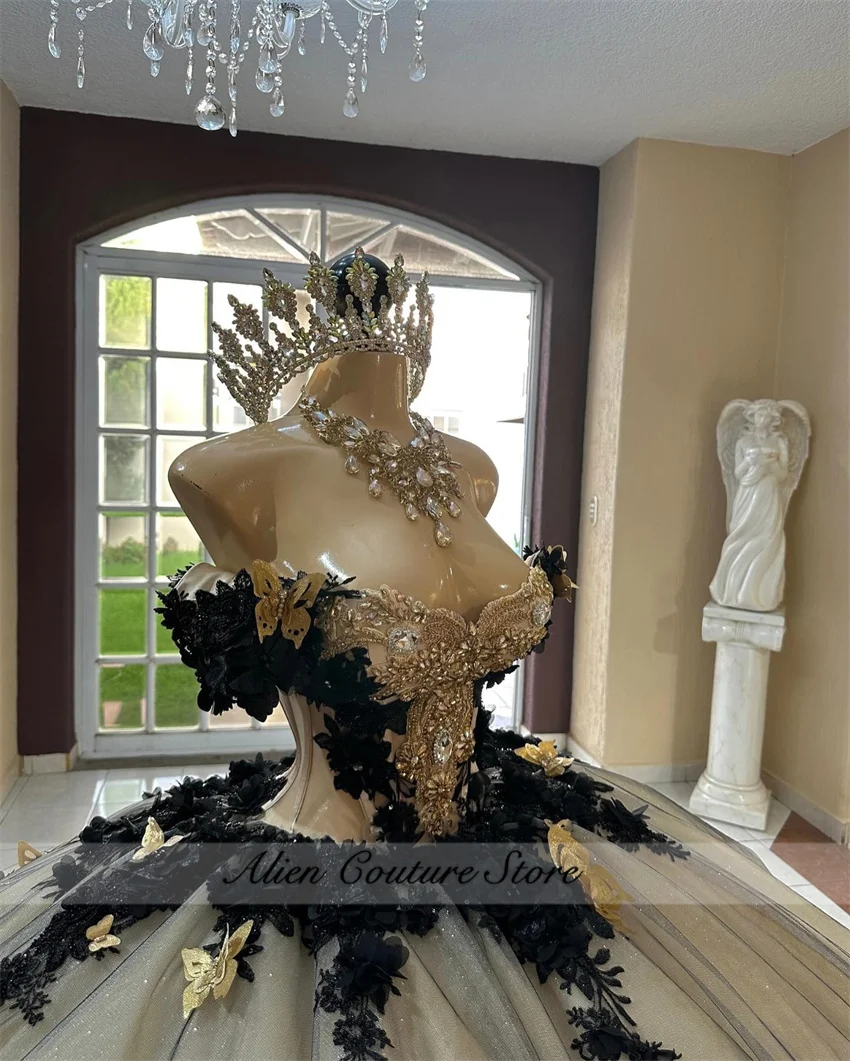 Luxury Black Quinceanera Dresses Beads Crystals 3D Appliques Butterfly Ball Gown Birthday Gown Vestidos De 15 A&ntilde;os Customized