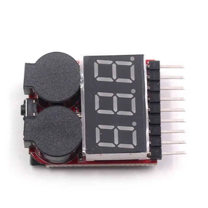 Testeur de batterie Lipo 1-8S avec boutons de réglage et câbles de mesure.