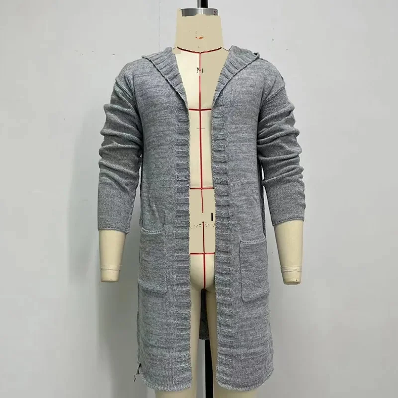 

Autumn Winter Long Knitwear Mens Thin Loose Hoodie Big Pocket Cardigan Fashion Knitted Sweater Coat Streetwear Clothing for Men