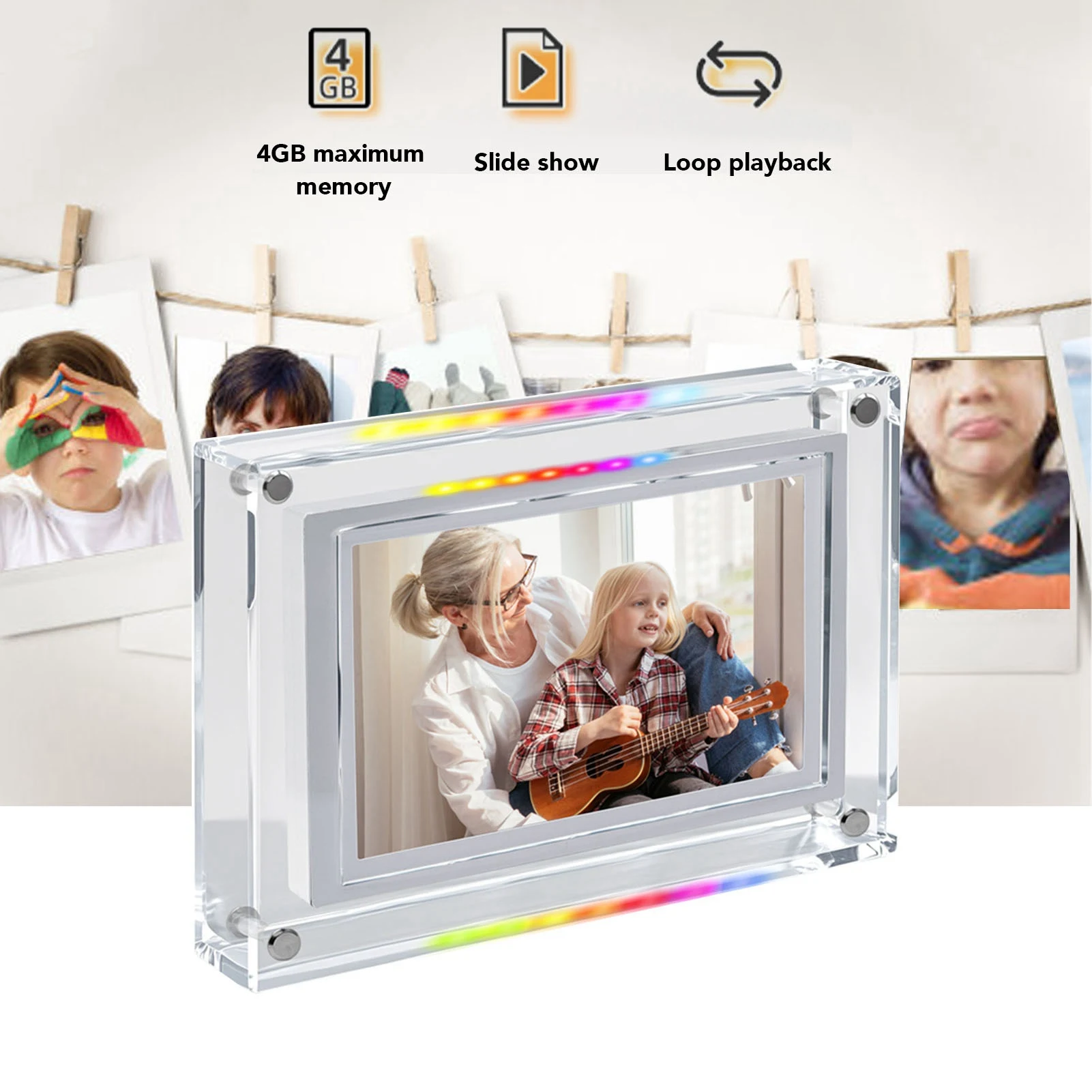 7 In Digital Picture Frame LED Colorful Light 4GB Memory Auto Rotate Acrylic Video Frame Digital Photo for Home Bedroom