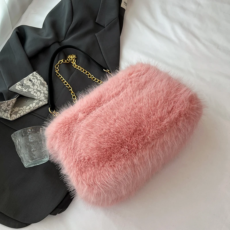 Modische Halbmond-Plüsch-Umhängetasche für Damen, Designer, flauschige Kunstfell-Handtasche, Kette, Unterarmtasche, 2025, Winter-Geldbörse, Klappentaschen – Detail 21