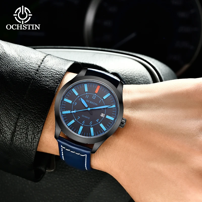 OCHSTIN Mens Watches Top Luxury Brand Waterproof Sport Wrist Watch Chronograph Quartz Military Genuine Leather Relogio Masculino