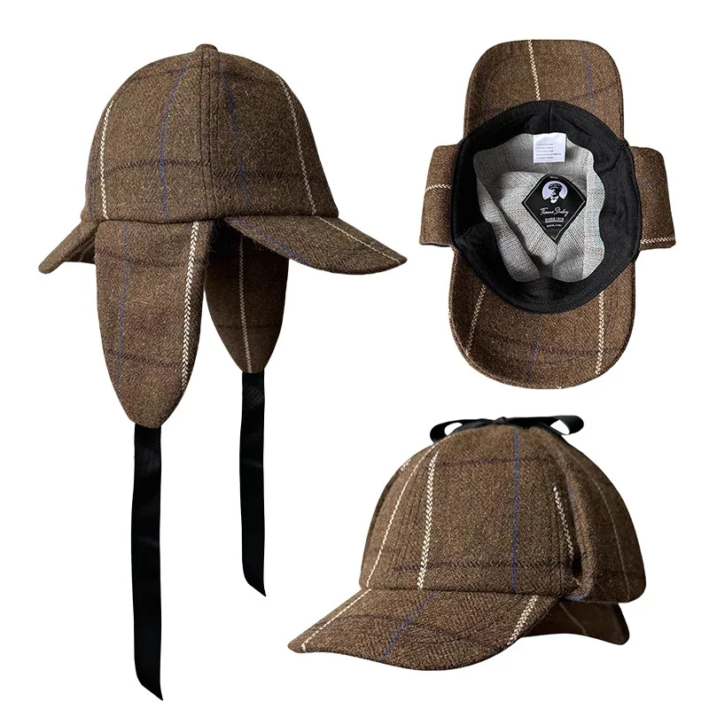 Unisex Sherlock Holmes Deerstalker-Mütze im britischen Stil für Herbst und Winter, Wollmischung, kariert, doppelte Krempe, Ohrenwärmung, trendiger Detektiv – Detail 1