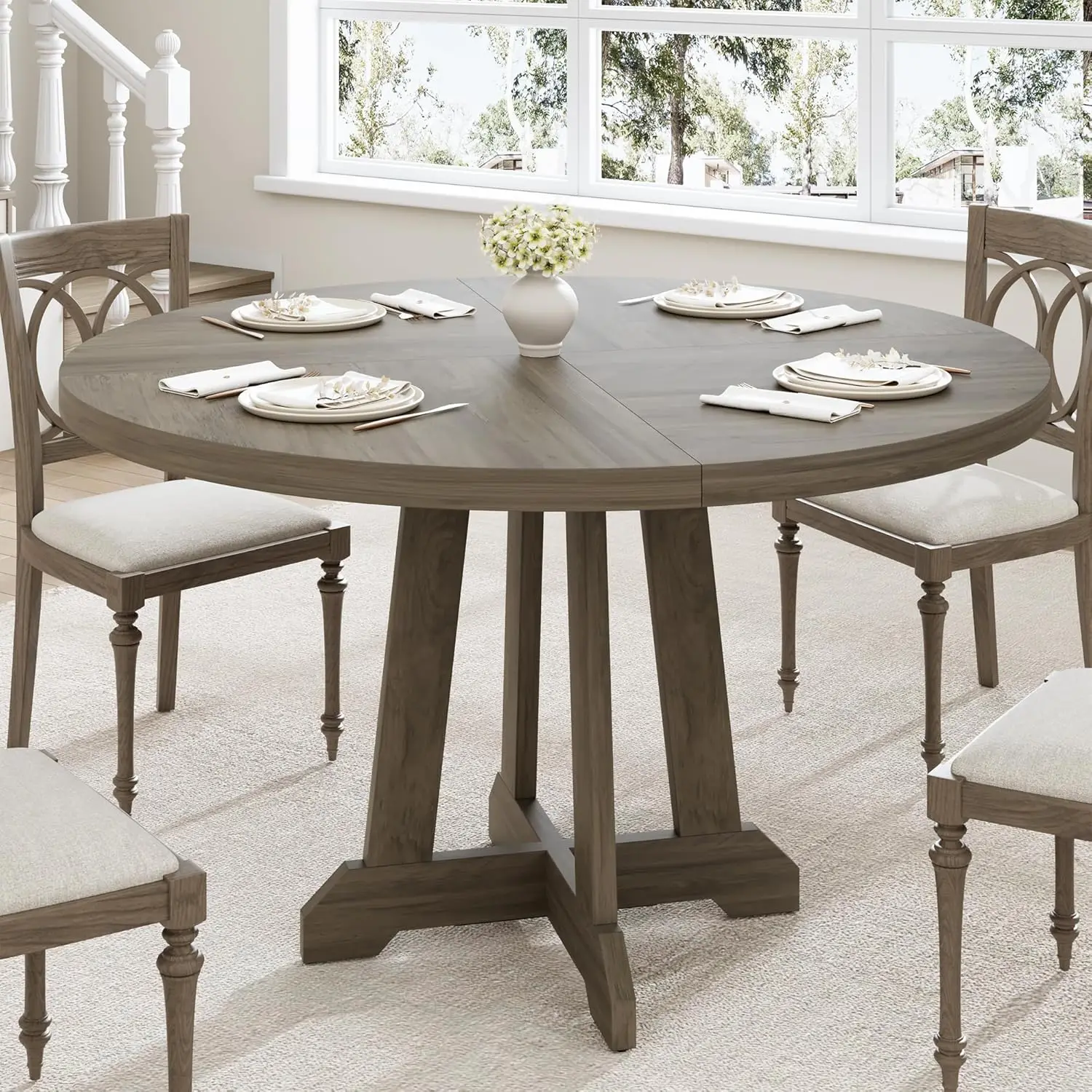 120cm runder Esstisch aus Holz, Küchentisch für 4-6 Personen, Esstisch im Landhausstil mit Holztischplatte und Holzbeinen für Zuhause – Detail 10