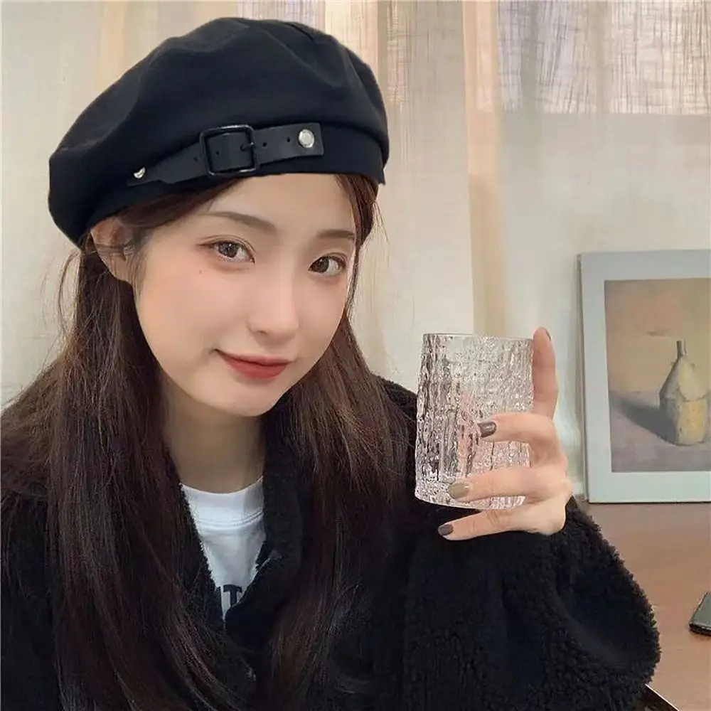 면 문학적 스타일 베레모, 사이즈 조절 가능, 귀엽고 멋진 8 각형 모자, 방풍, 우아한 베레모, 가을 및 겨울