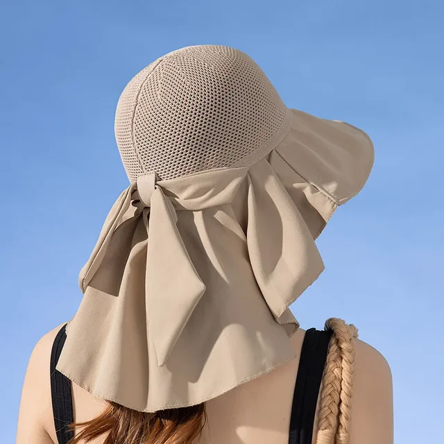 Summer Women Bucket Hat with Shawl Lightweight Breathable Mesh Face Neck Protection Sun Hat Bow Pleat Design Travel Beach Cap 5