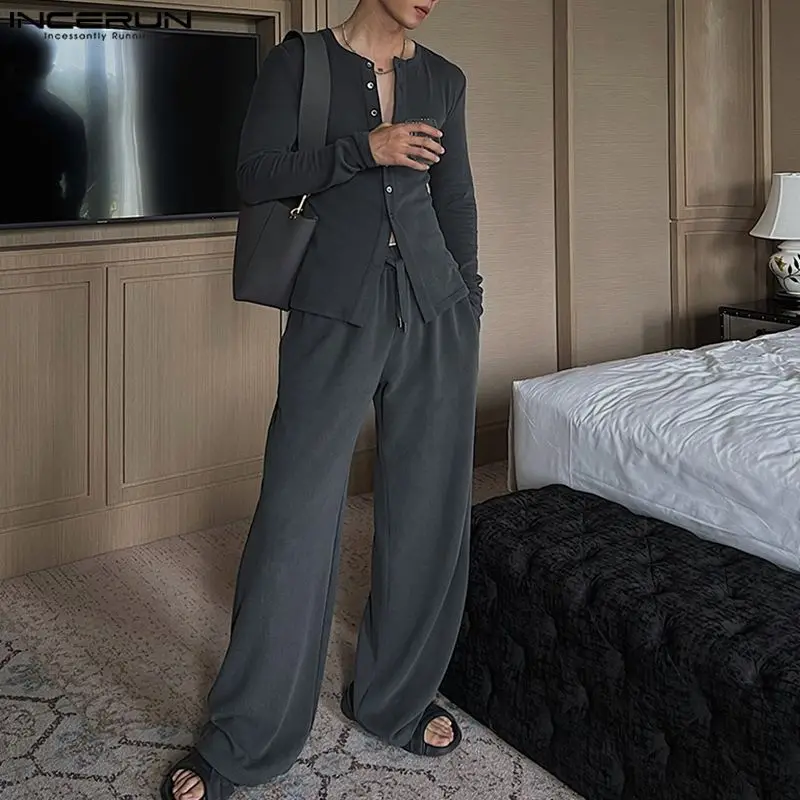 

INCERUN 2023 Korean Style Men Sets Solid Knitted Long Sleeve Shirts Long Pants Casual All-match Simple Male Two Piece Sets S-5XL