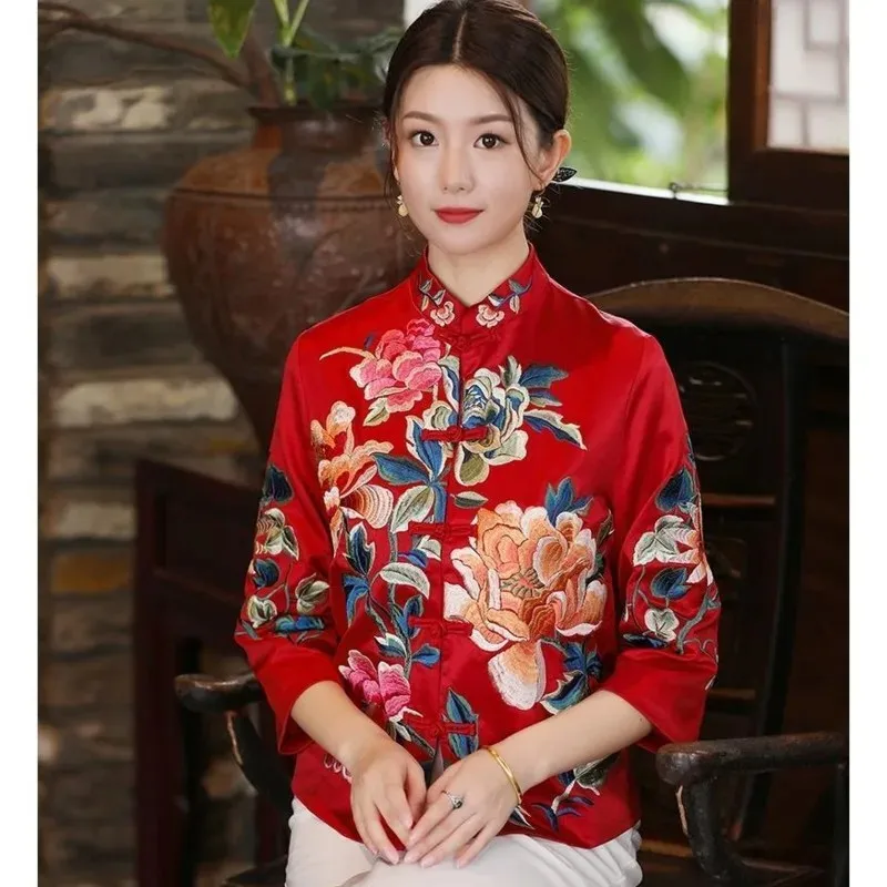 Peony Flower Embroidery Vintage Tang Suit Jacket Women Long Sleeve Single-breasted Loose Stand Collar Chinese Style Outerwear
