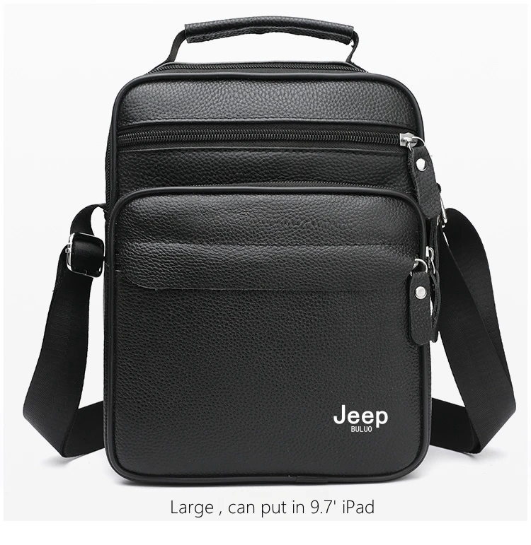 JEEP BULUO Brand Genuine Leather Men Shoulder Bags Black High Quality Male Cow Leather Crossbody Tote Handbags Business Fashion