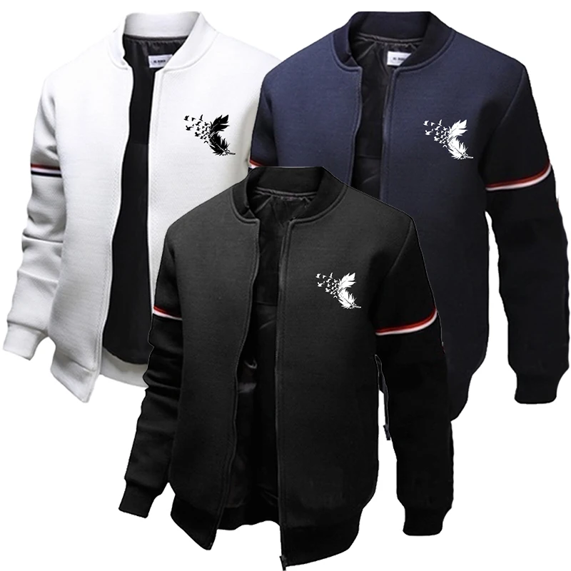 2023 Men's feather printed hooded jacket outdoor casual sports baseball jacket zippered cardigan sports shirt hooded jacket