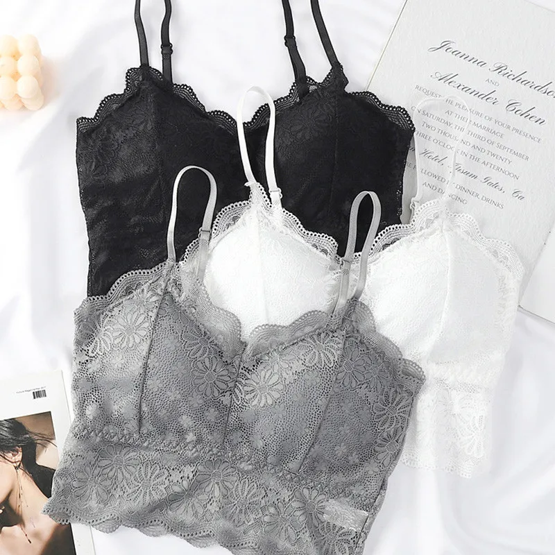 2021 Female Summer Crop Tank Top Women Fashion Deep V Lace Bras Embroidery Floral Tank Top Bra Wrapped Chest Camisole Padded Bra