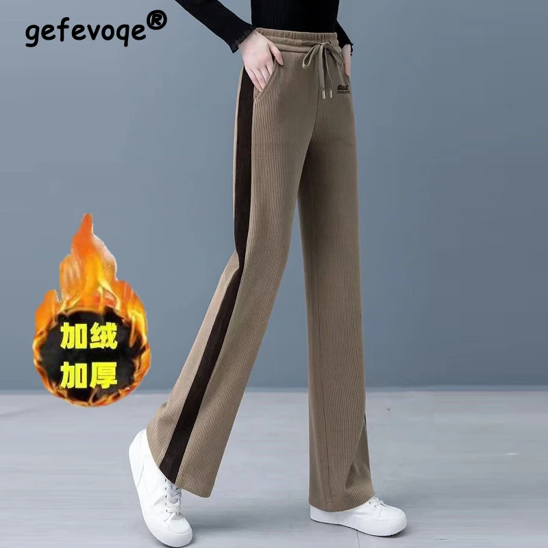 New Autumn Winter Women Korean Fashion Patchwork Letter Embroidery Fleece Pants Female Casual Loose Straight Trousers Pantalones