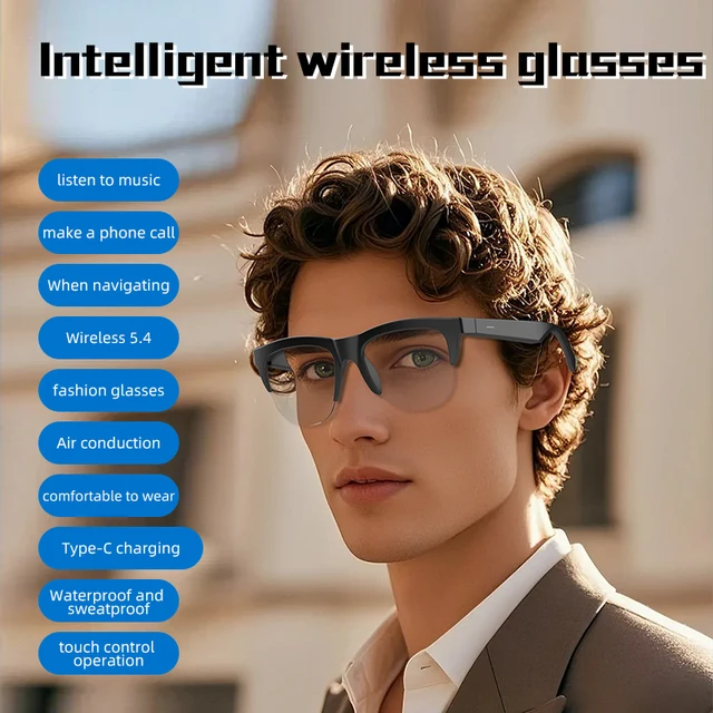 F02 Transparent Lens Bluetooth Audio Glasses | Open-Ear Speakers | Anti-Blue Light | Smart Touch Control | Office & Daily Use