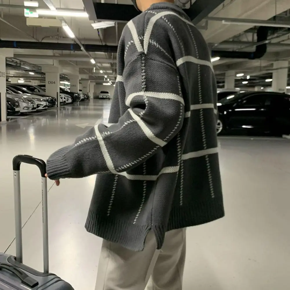Description Picture 4 of itemAutumn Winter Sweater Cardigan Men V-neck Long Sleeve Plaid Print Knitwear Cardigan Single Breasted Loose Fit Sweater Coat