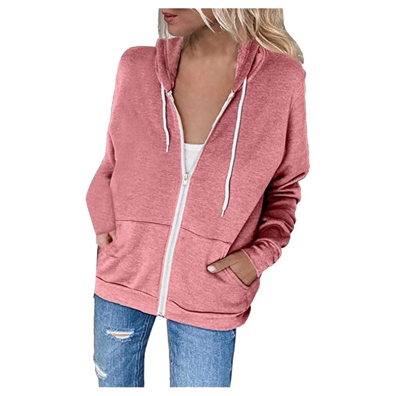 Women Zipper Long Sleeve Autumn Winter Casual Loose Outwear Sweatshirts Female Solid Color Drawstring Hooded Jacket with Pockets