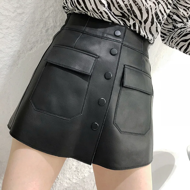 

Spring And Autumn New Instagram Fashion Genuine Leather Skirt Slimming High Waist Pocket Genuine Leather Skirt Pants Sheepskin A