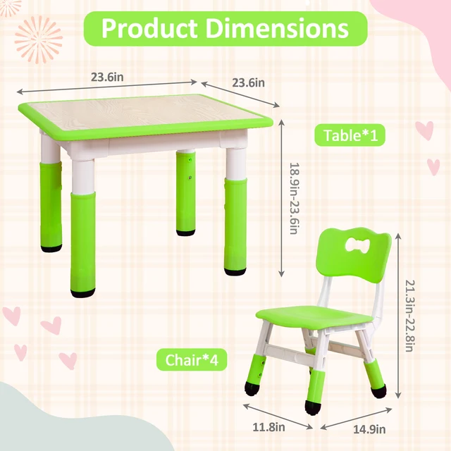Kids Table and 4 Chairs Set, Height Adjustable Children Table and Chair Set ,Graffiti Top & Non-Slip Legs for Classroom & Home