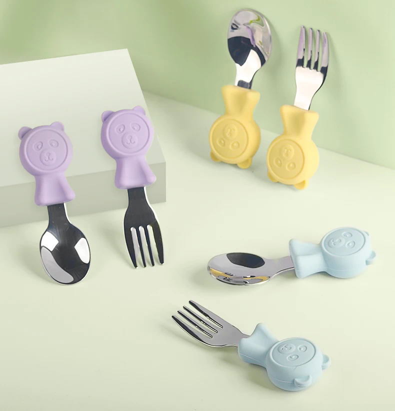 Stainless Steel Cutlery Set Fork Spoon Set Baby Cutlery Cartoon Stainless Steel Kids Spoon Fork Set Baby Feeding Kid Children's Cutlery for Kids Food Feed Training Toddler Dinnerware