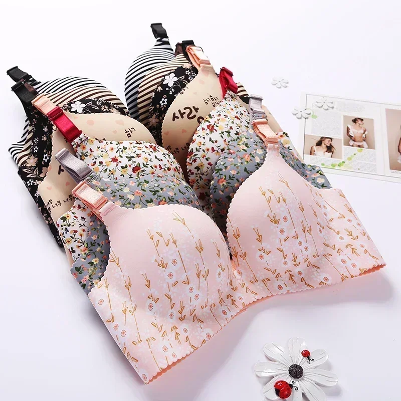 Women Flower Print Seamless Bra Sexy Lingerie Floral Push Up Bras One-Piece Underwear 2