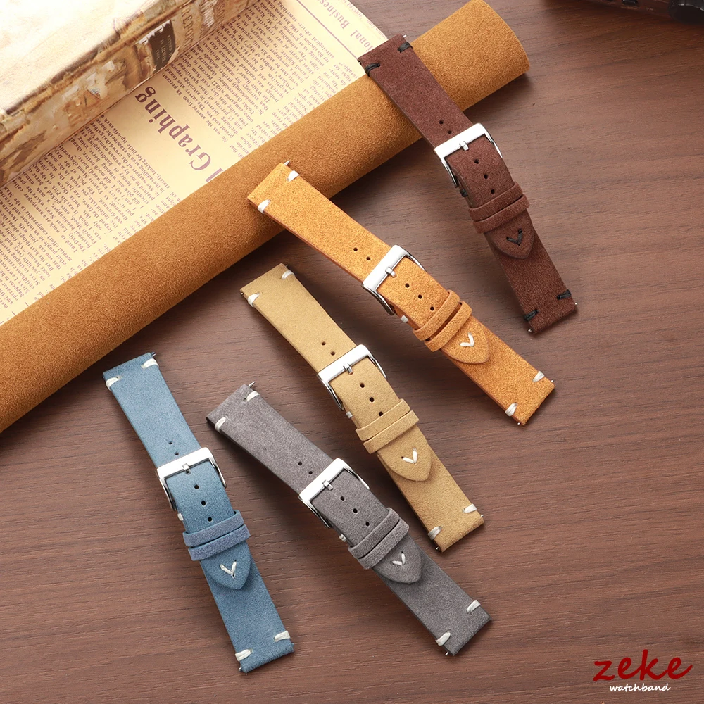 Vintage Brown Suede Leather Watch Strap with Quick Release - Multiple Sizes Available