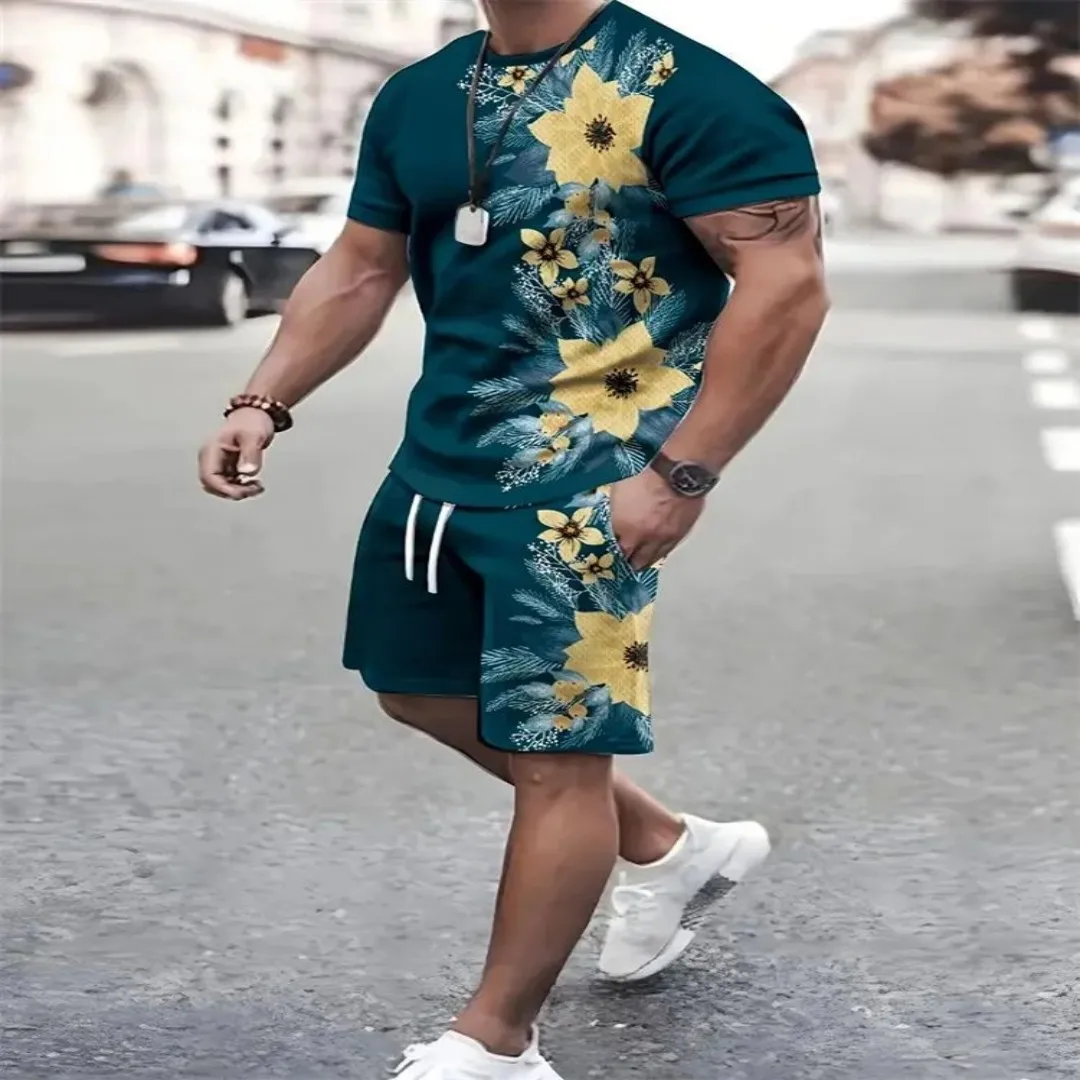Men's crewneck T-shirt and shorts. - green dark
